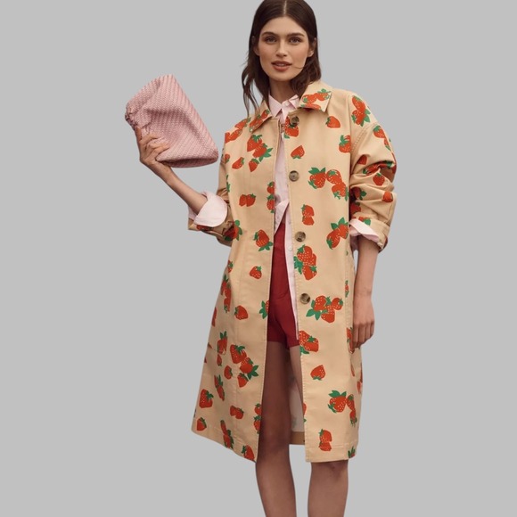 Maeve Jackets & Blazers - Maeve Anthropologie Strawberry Print Belted Trench Car Coat Size XL